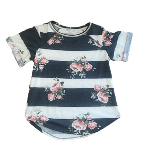 moa moa gray and white floral striped t shirt with cuffed sleeves